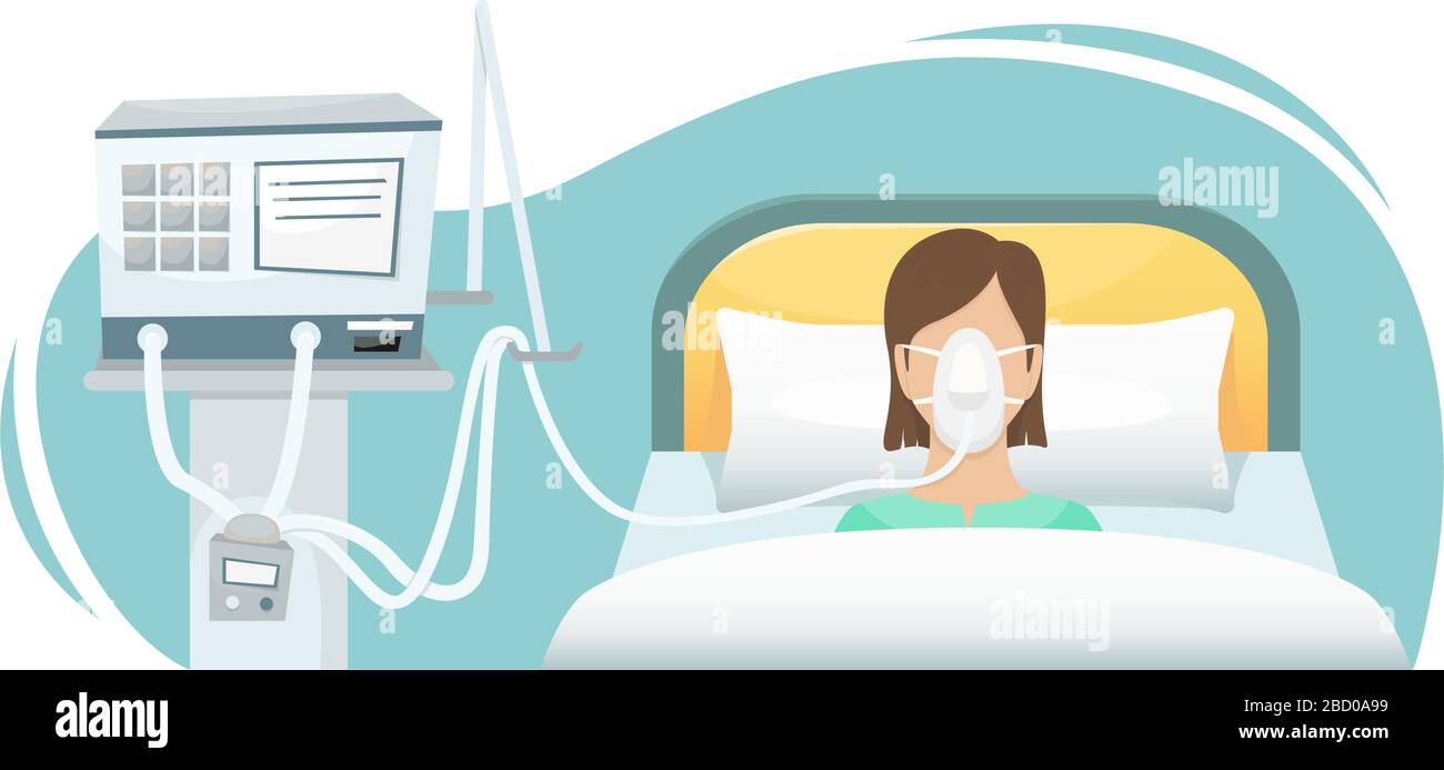 Le patient est allongé à l'hôpital sur un ventilateur. Combattre le coronavirus. Illustration de Vecteur