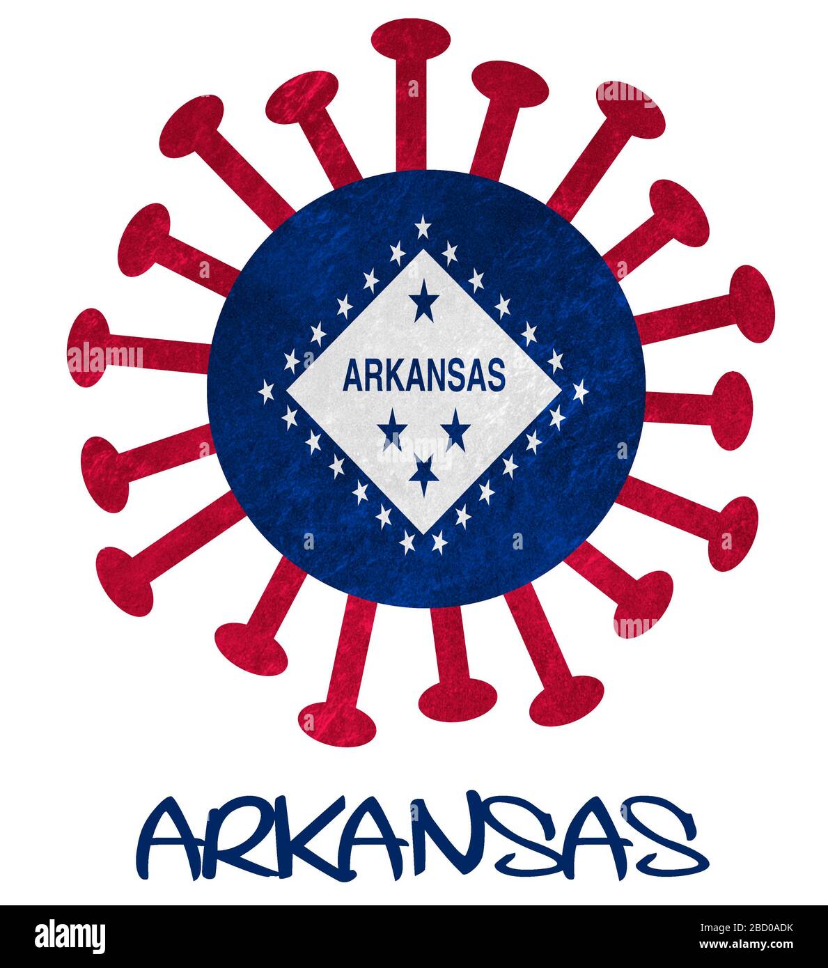 Drapeau d'État de l'Arkansas avec virus ou bactéries corona - isolé sur blanc Banque D'Images