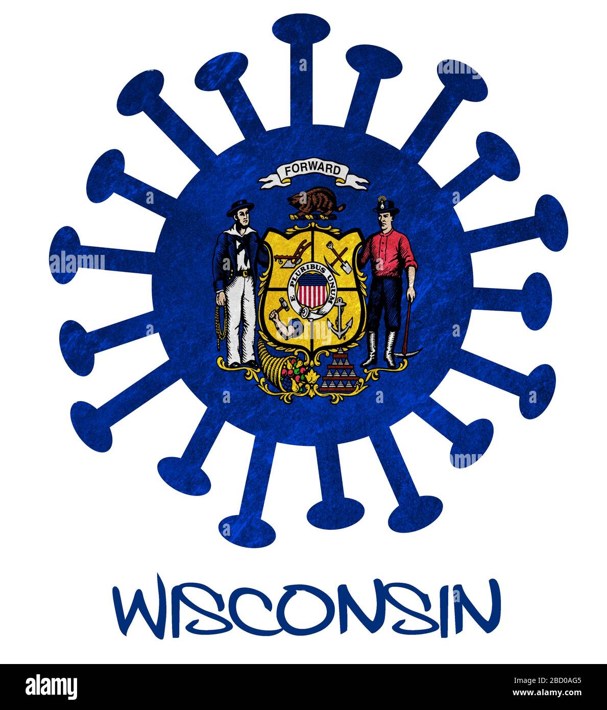 Drapeau d'État du Wisconsin avec virus ou bactéries corona - isolé sur blanc Banque D'Images