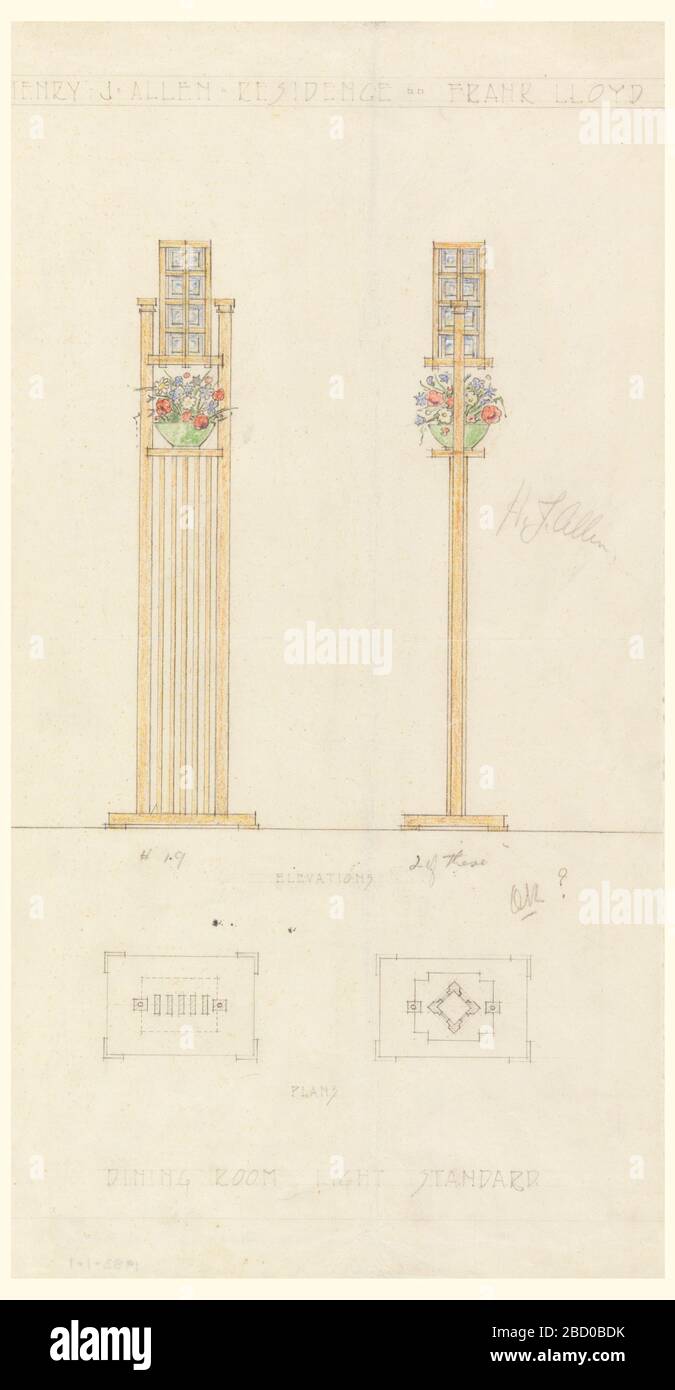 Salle à manger Standard Henry J Allen Residence Wichita Kansas. Recherche dans ProgressFront et vue latérale colorée de la lampe debout avec cadre rectangulaire et ombre et semoir entre le châssis et l'ombre. Au-dessous du dessin coloré, deux élévations sont esquissées en graphite. Salle à manger Standard Henry J Allen Residence Wichita Kansas Banque D'Images