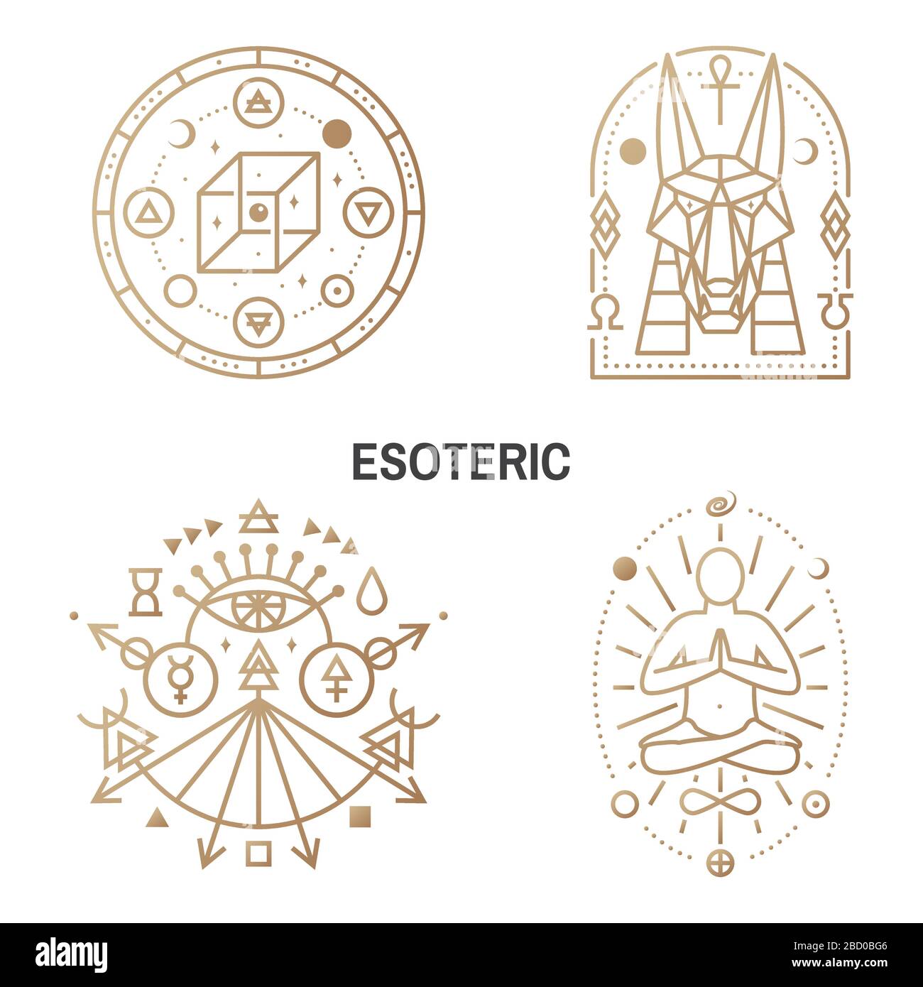 Symboles ésotériques. Vecteur. Écusson géométrique à fines lignes. Icône de contour pour l'alchimie, géométrie sacrée. Mystic, design magique avec cube géométrique irréel, dieu égyptien Anubis, homme assis dans le yoga lotus pose Illustration de Vecteur