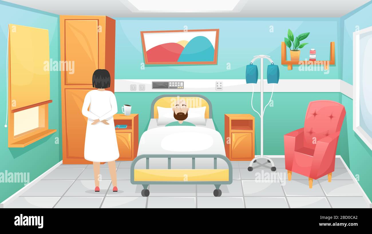 Chambre d'hôpital avec lit, tables de chevet et chaise pour les visiteurs. Le médecin est venu au patient allongé dans le lit. Lutte contre le coronavirus dans les hôpitaux. Illustration de Vecteur