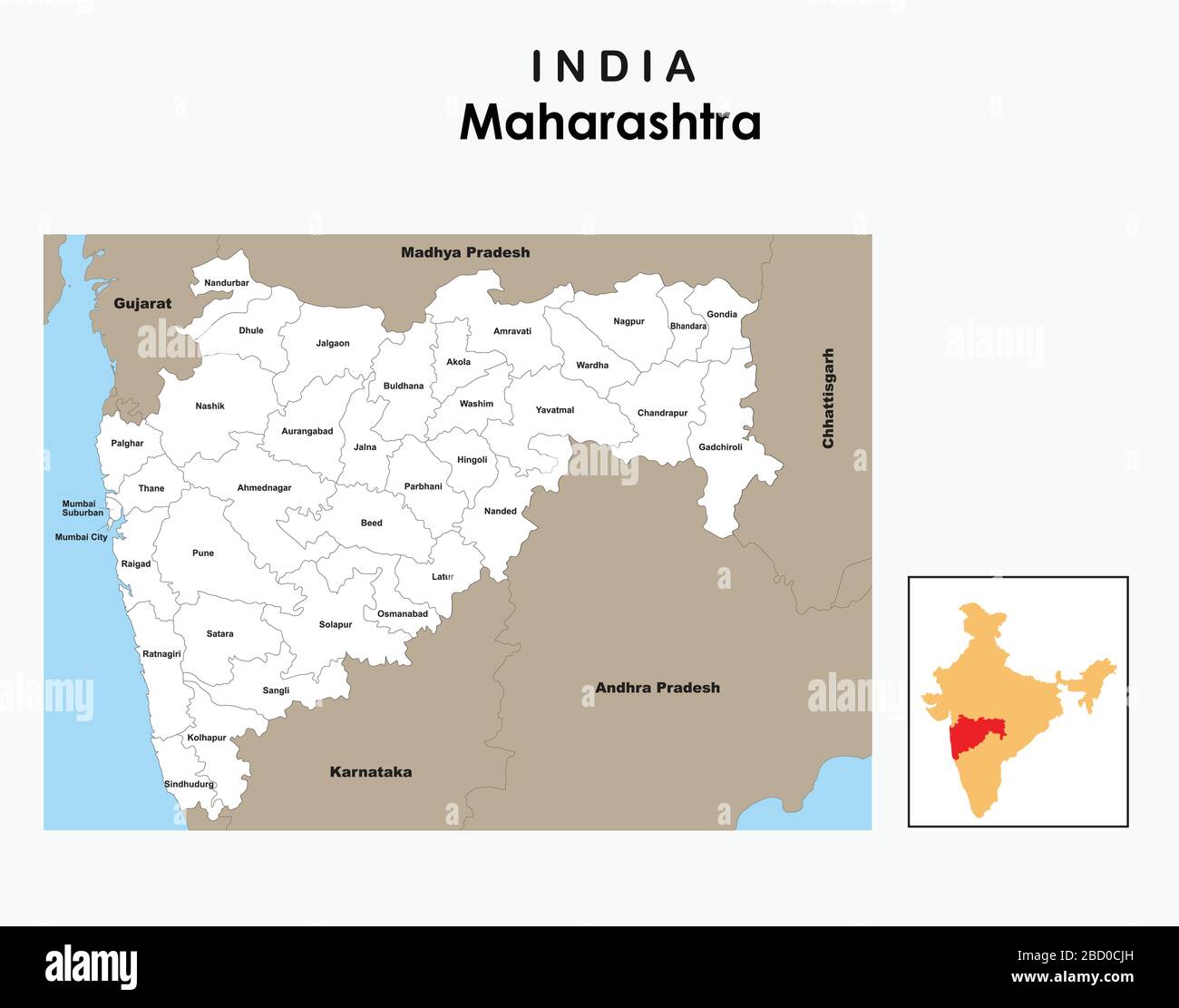 Carte de Maharashtra avec lignes de frontière. Maharashtra map 2019. Quartier populaire à Maharashtra. Illustration de Vecteur