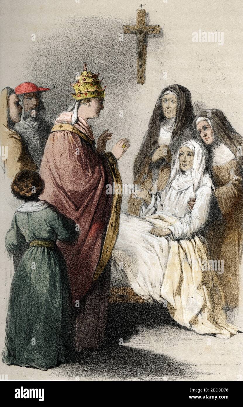 'Sainte Claire (1193-1253) mourante est visitee par le pape Innocent IV (1180-1254) qui accorde le 'privilège de pauvrete' a l'ordre des clarisses, 12 Banque D'Images