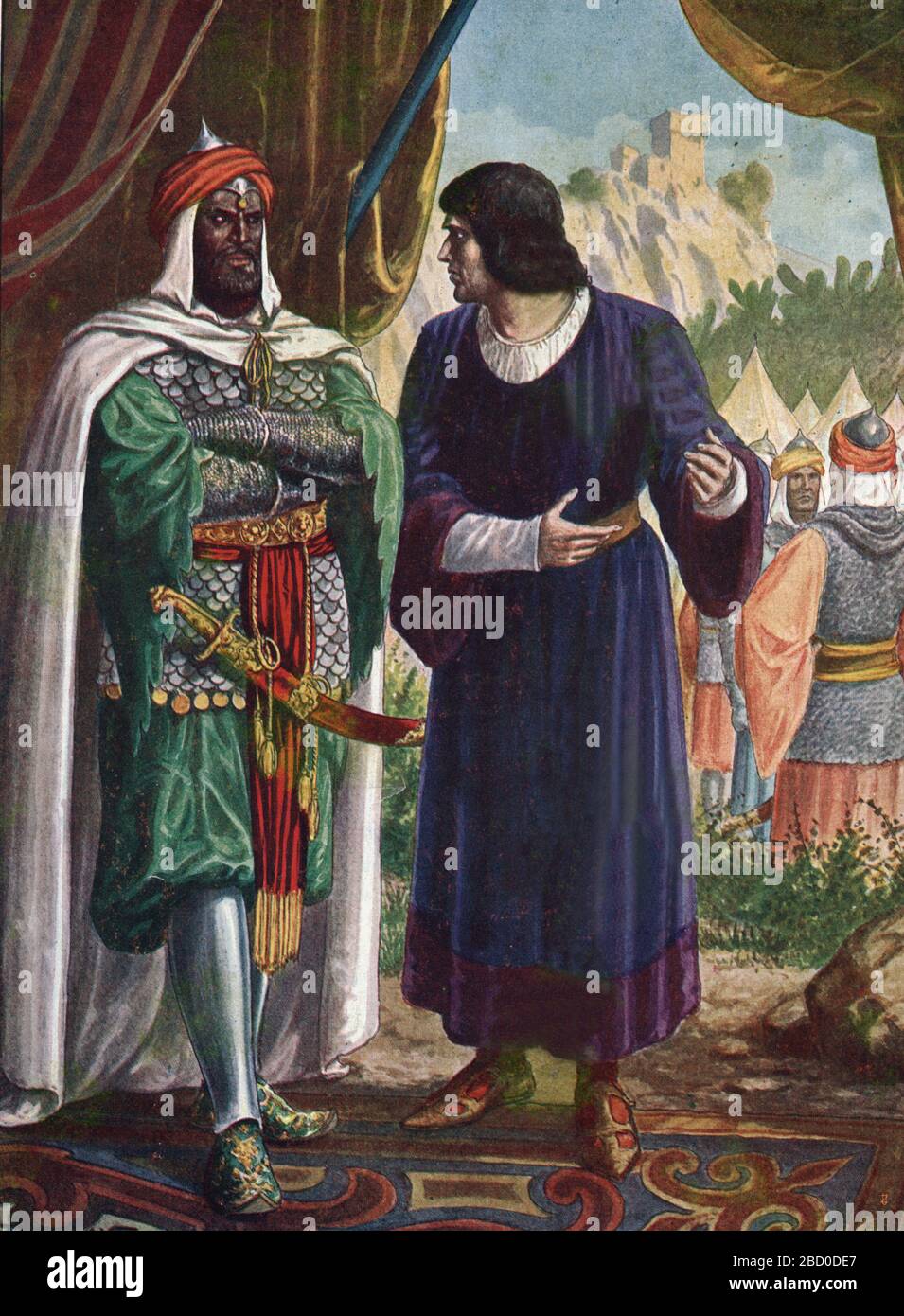 'La conquête de la Sicile par les aghlabides, un prisonnier byzantin negocie sa vie aupres de l'emir aghlabide Muhammad Ier Abu l'Abbas en change de Banque D'Images