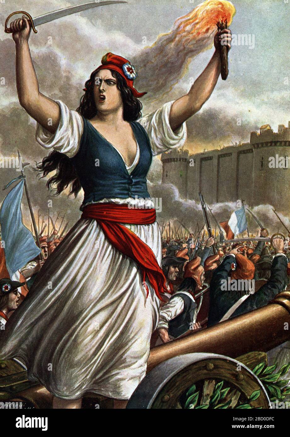 Révolution française de 1789 : la pry de la Bastille le 14 juillet 1789, allégorie du péuple sous les traits d'une femme une torche et une épée à la Banque D'Images
