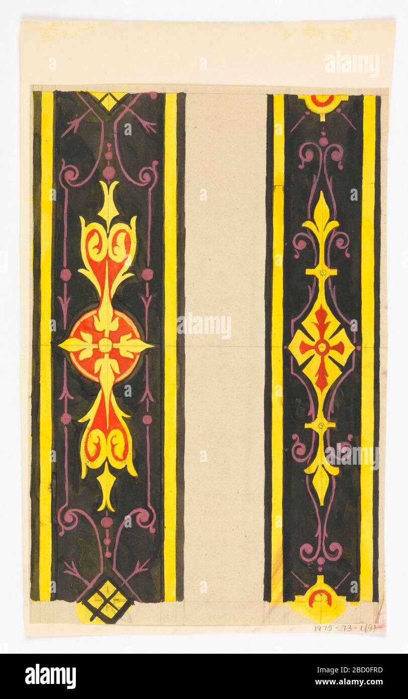 Dessin. Recherche sur les bandes horizontales ProgressTwo; toutes deux bordées d'un cadre doré, de lignes violettes incurvées autour de motifs médaillons de fleurs rouges et d'or sur un sol noir. La bande de gauche est plus large. Dessin Banque D'Images