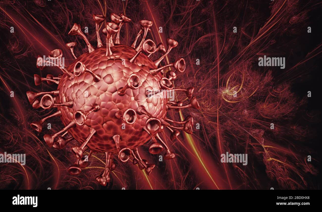 Vue microscopique de coronavirus, un pathogène qui s'attaque aux voies respiratoires. L'analyse et de test, d'expérimentation. Le SRAS. 3D render Banque D'Images