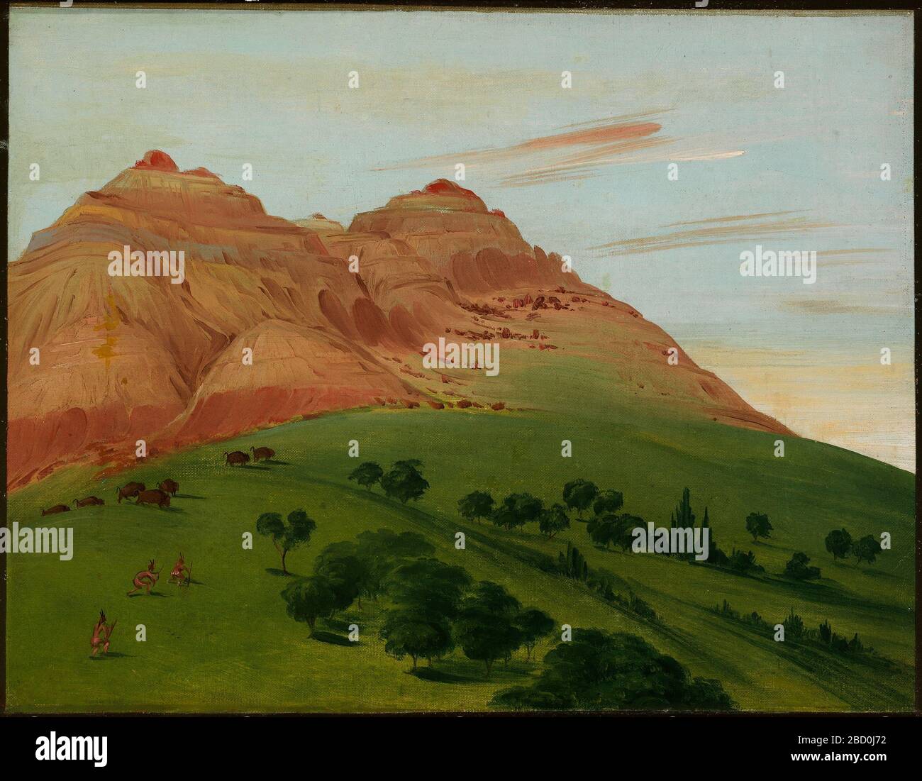 Vue sur le Grand Detour à 1 900 miles au-dessus de St Louis. George Catlin a décrit cette scène comme « de magnifiques falaises d’argile, avec une pierre ponce rouge reposant sur leurs hauts, et une partie d’Indiens approchant le buffle ». L'artiste a peint cette image en 1832 lors d'un long voyage au nord-ouest sur la rivière Missouri. Banque D'Images