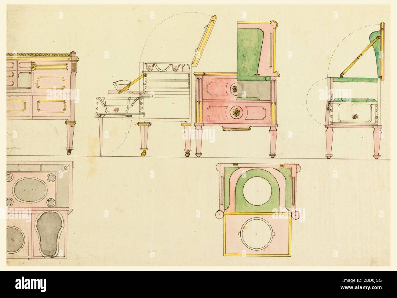 Conceptions pour meubles mécaniques deux lavabos. Recherche dans les lavabos et bidets ProgressTwo, chacun avec plan, section et élévation. L'une est affichée dans le plan et l'élévation uniquement ; l'autre est affichée dans l'élévation, le plan et deux fois dans la coupe transversale. Conceptions pour meubles mécaniques deux lavabos Banque D'Images