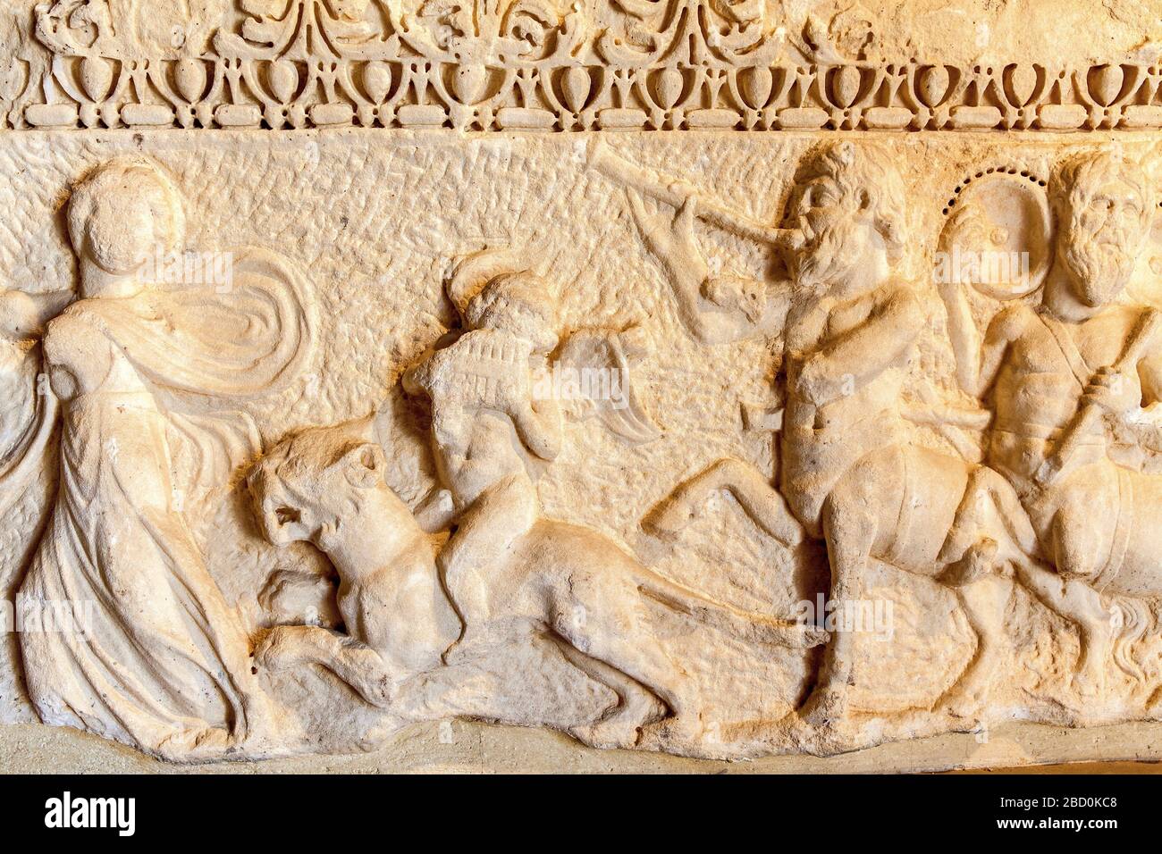 dionysos festivités reliefs, Pamukkale, Hiérapolis, Turquie. Banque D'Images