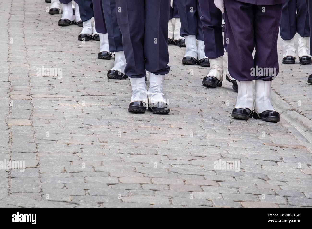 Détachement des gardes royaux suédois portant des uniformes militaires. Stockholm, Suède Banque D'Images