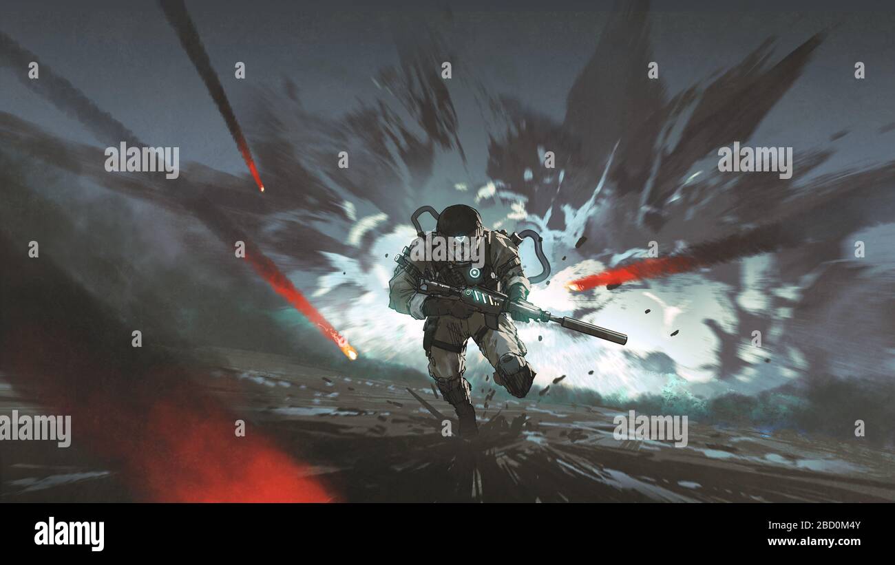 soldat futuriste à l'écart de l'explosion géante, style d'art numérique, peinture d'illustration Banque D'Images