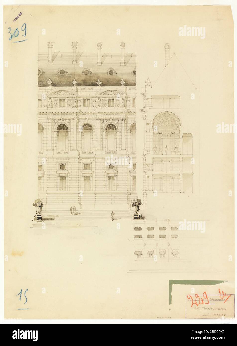 Conception pour plusieurs baies d'un bâtiment public. Recherche en élévation ProgressFront; élévation latérale et plan de plusieurs baies d'un bâtiment public. Quatre étages sur un podium ou une base; grandes ouvertures alternant avec de petites; toit à pignons. Conception pour plusieurs baies d'un bâtiment public Banque D'Images