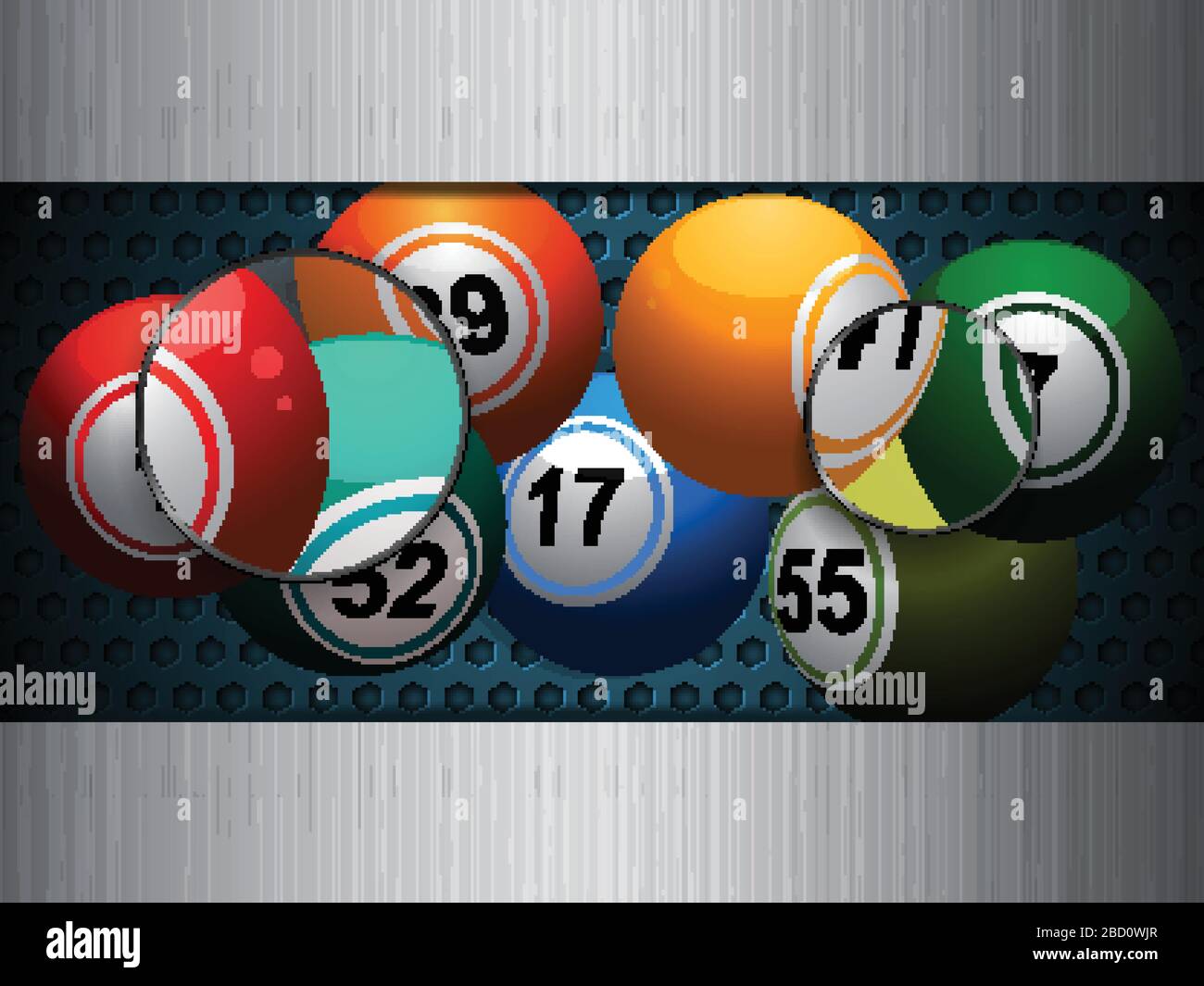 Illustration tridimensionnelle des balles de Lotto Bingo sur nid d'abeilles bleu métallique et fond métallique brossé argent avec deux lentilles loupe Illustration de Vecteur
