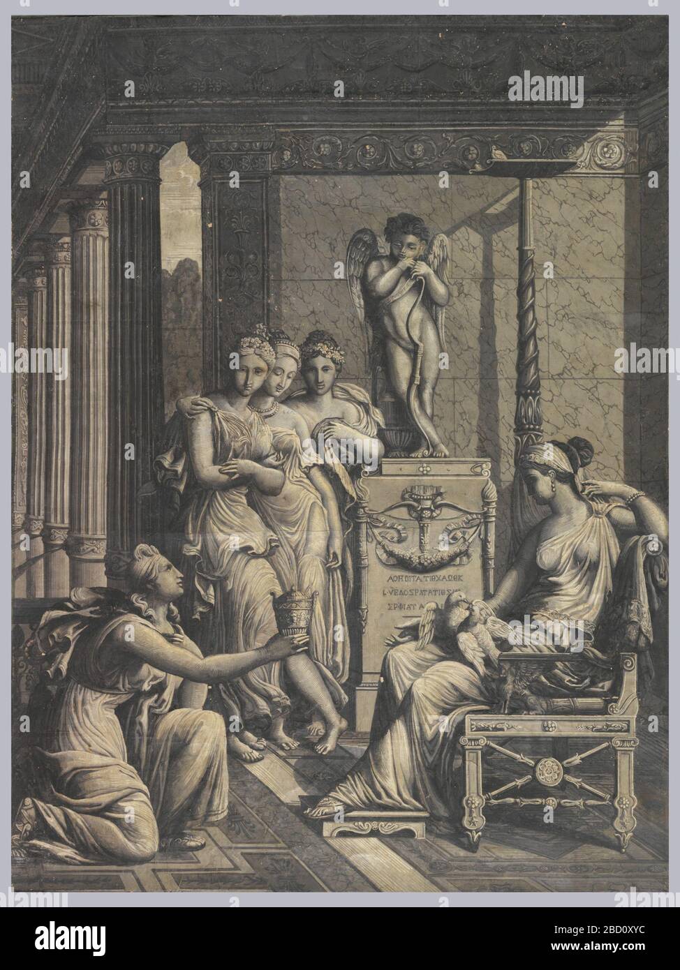 Psyché amener Vénus un Goblet de l'eau de la Fontaine de la Jeunesse. Une scène des douze qui illustrent l'histoire de Cupid et Psyche. Cette scène, qui contient trois panneaux, montre un Psyche pétrir offrant un goblet à une Vénus assise. Cupid, se penchant sur son arc, se tient sur un piédestal en arrière-plan. Psyché amener Vénus un Goblet de l'eau de la Fontaine de la Jeunesse Banque D'Images