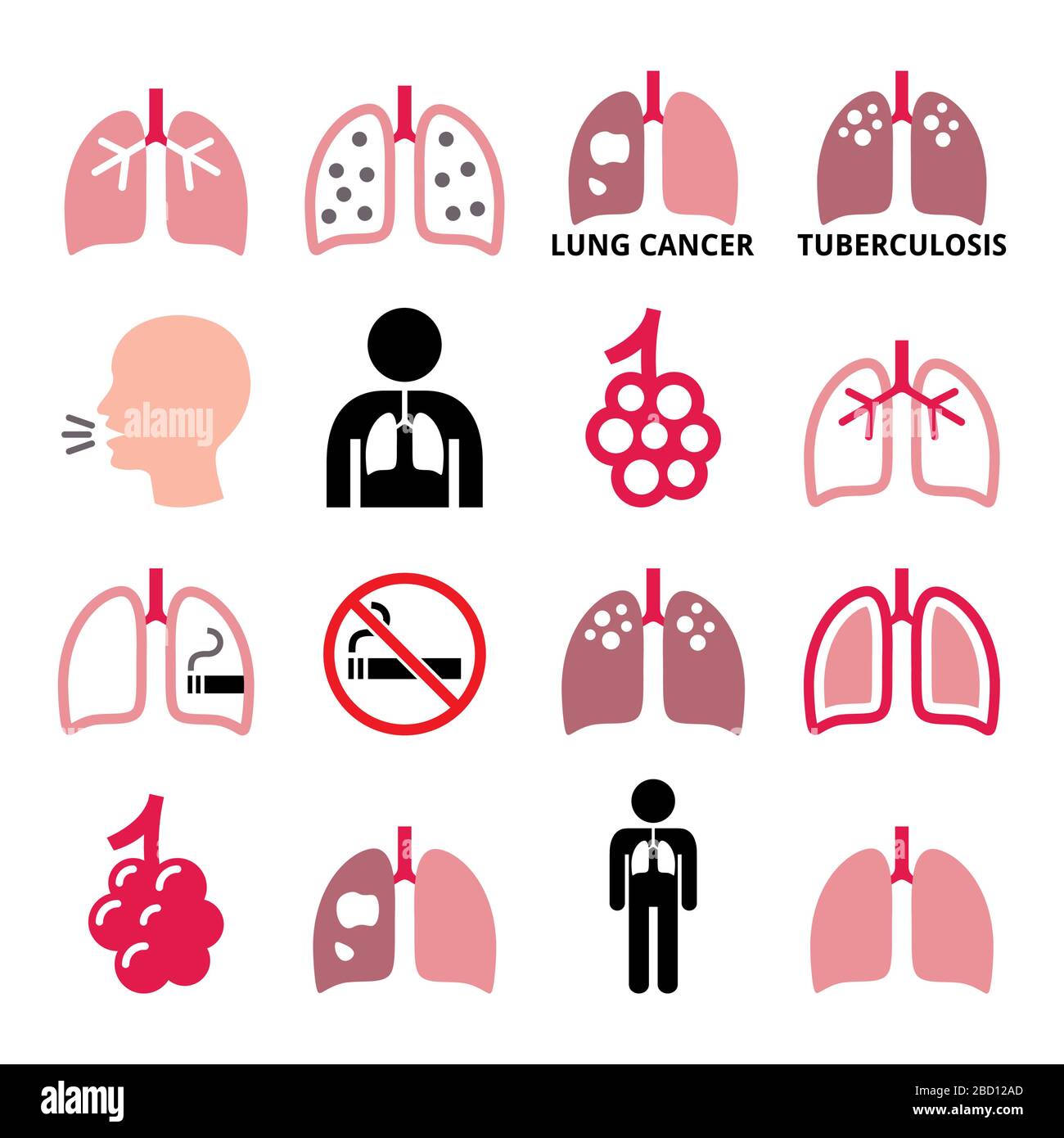 Les poumons, les icônes de vecteur de maladie pulmonaire définies - tuberculose, cancer, poumons du fumeur - concept de santé Illustration de Vecteur