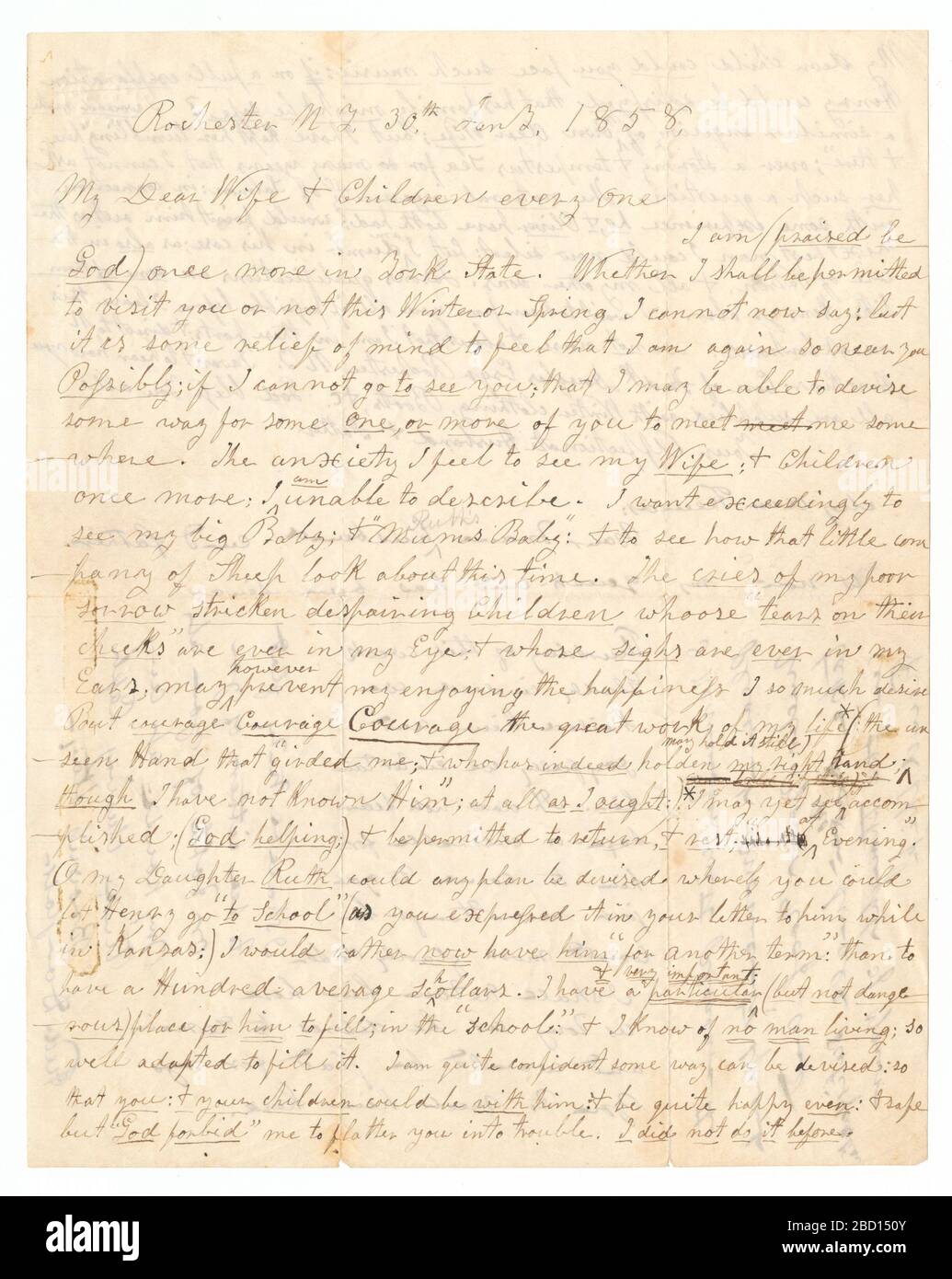 Lettre écrite par John Brown et Frederick Douglass à la femme et aux enfants de Browns. Lettre écrite par John Brown et Frederick Douglass de Rochester, New York, le 30 janvier 1858, à la femme et aux enfants de Brown. La lettre est manuscrite à l'encre noire sur les côtés avant et arrière d'une seule feuille de papier. Lettre écrite par John Brown et Frederick Douglass à la femme et aux enfants de Browns Banque D'Images