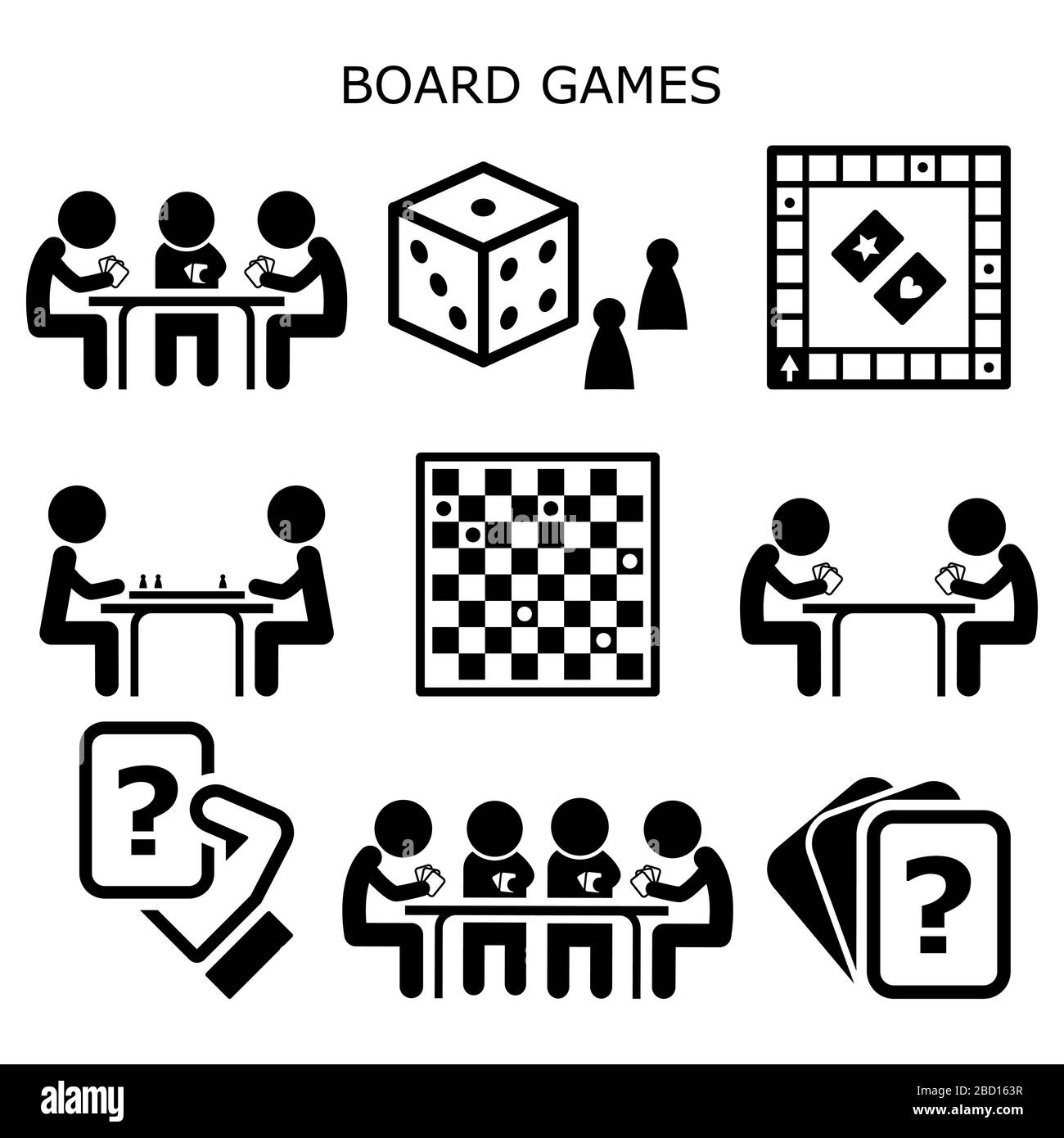 Jeux de société, personnes jouant des cartes et des échecs ou des brouillons à la table des icônes vectorielles ensemble, activité amusante tout en restant à la maison avec des amis et la famille Illustration de Vecteur