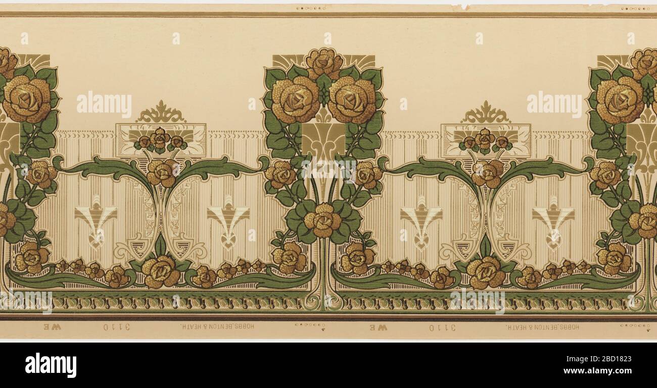 Frise. Recherche sur le motif fleuri stylisé ProgressVery. Le motif principal contient six roses et le feuillage. Ceci alterne avec un motif de rose et de feuillage plus petit. Imprimé dans des tons de marron, de brun clair et de vert sur un sol brun clair. Frise Banque D'Images