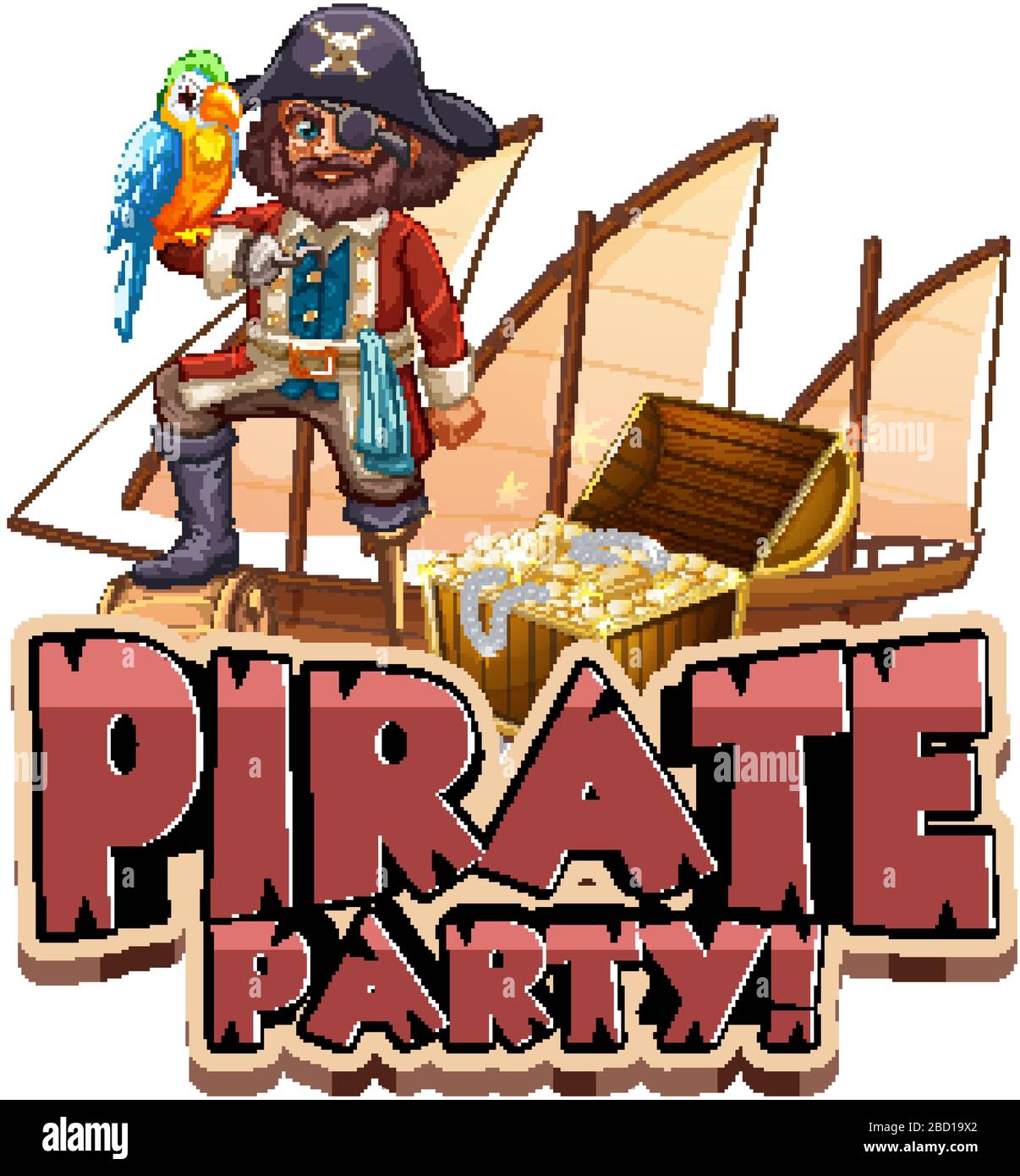 Police de caractères pour le mot pirate party avec pirate et parrot illustration d'animal de compagnie Illustration de Vecteur