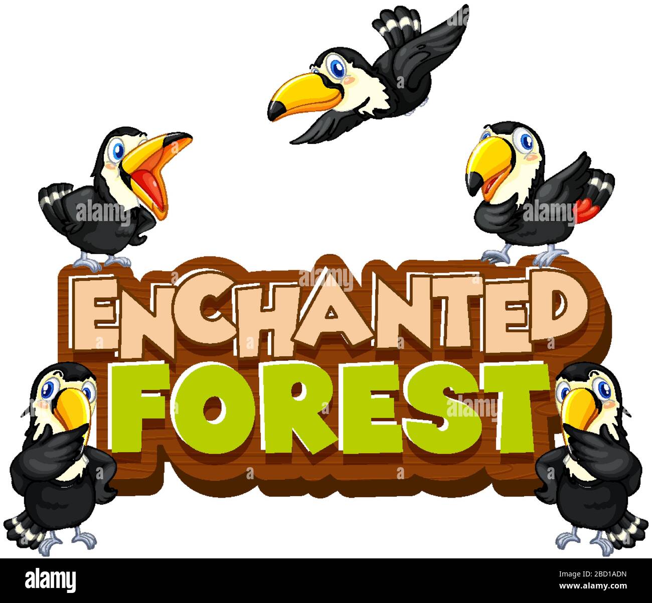 Police de caractères pour forêt enchantée de mots avec illustration d'oiseaux toucan Illustration de Vecteur