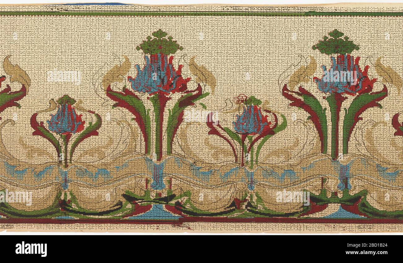 Frise. Recherche en progression Répétition horizontale de fleurs d'inspiration Art nouveau grandes et petites. Chaque fleur de frilly pousse d'une tige, est encadrée par des feuilles ondulées et crasse un nuage de petites fleurs vertes. Frise Banque D'Images