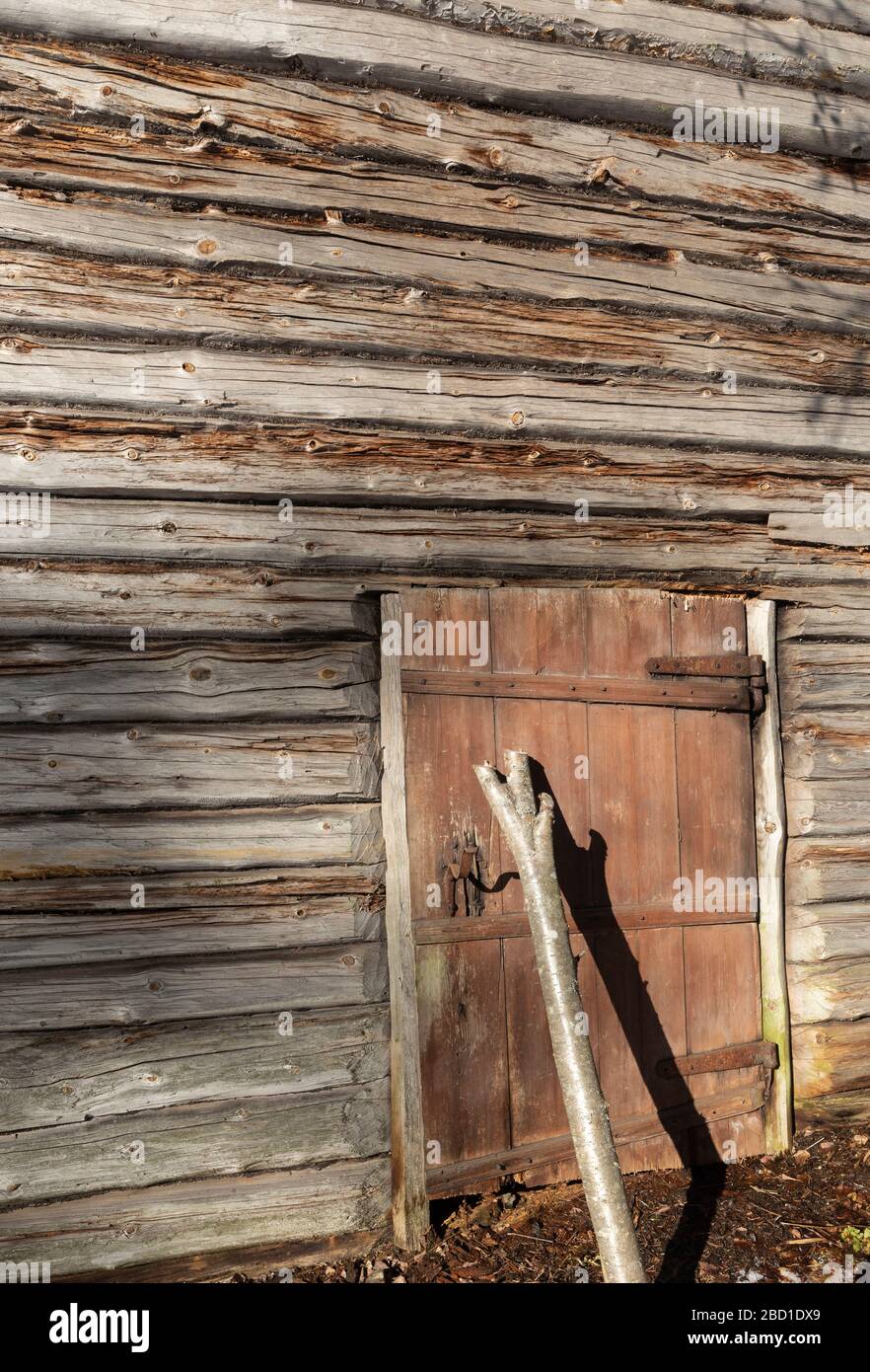 Petite porte sur le mur de la cabine en rondins fermée avec un renfort en bois, Finlande Banque D'Images