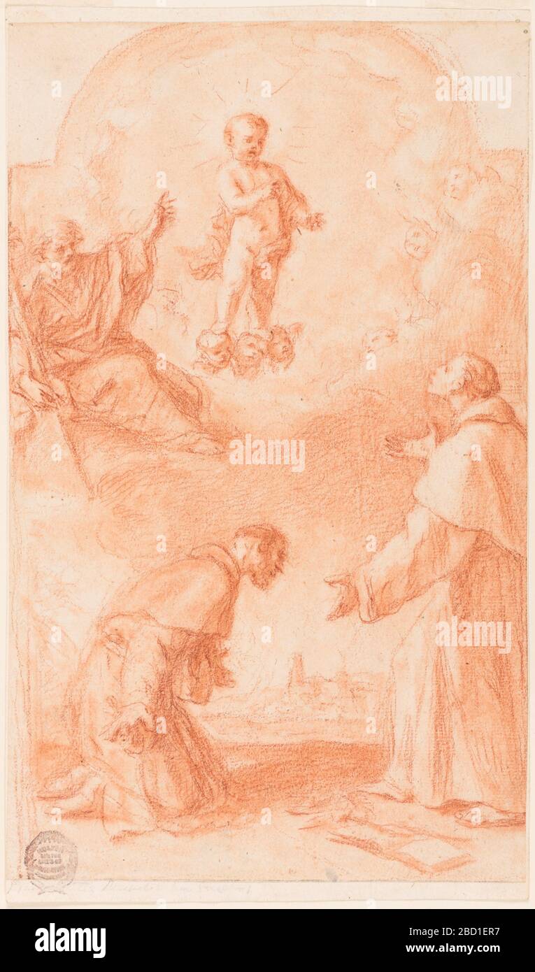 Projet de peinture d'autel. Recherche en progression l'enfant Christ debout sur les chérubins apparaît devant Saint Anthony de Padoue, qui est montré debout à droite. Lily bough et livre se trouvent sur le sol. Il gaze à Saint-Joseph, qui est assis sur les nuages et les points à l'enfant. Projet de peinture d'autel Banque D'Images