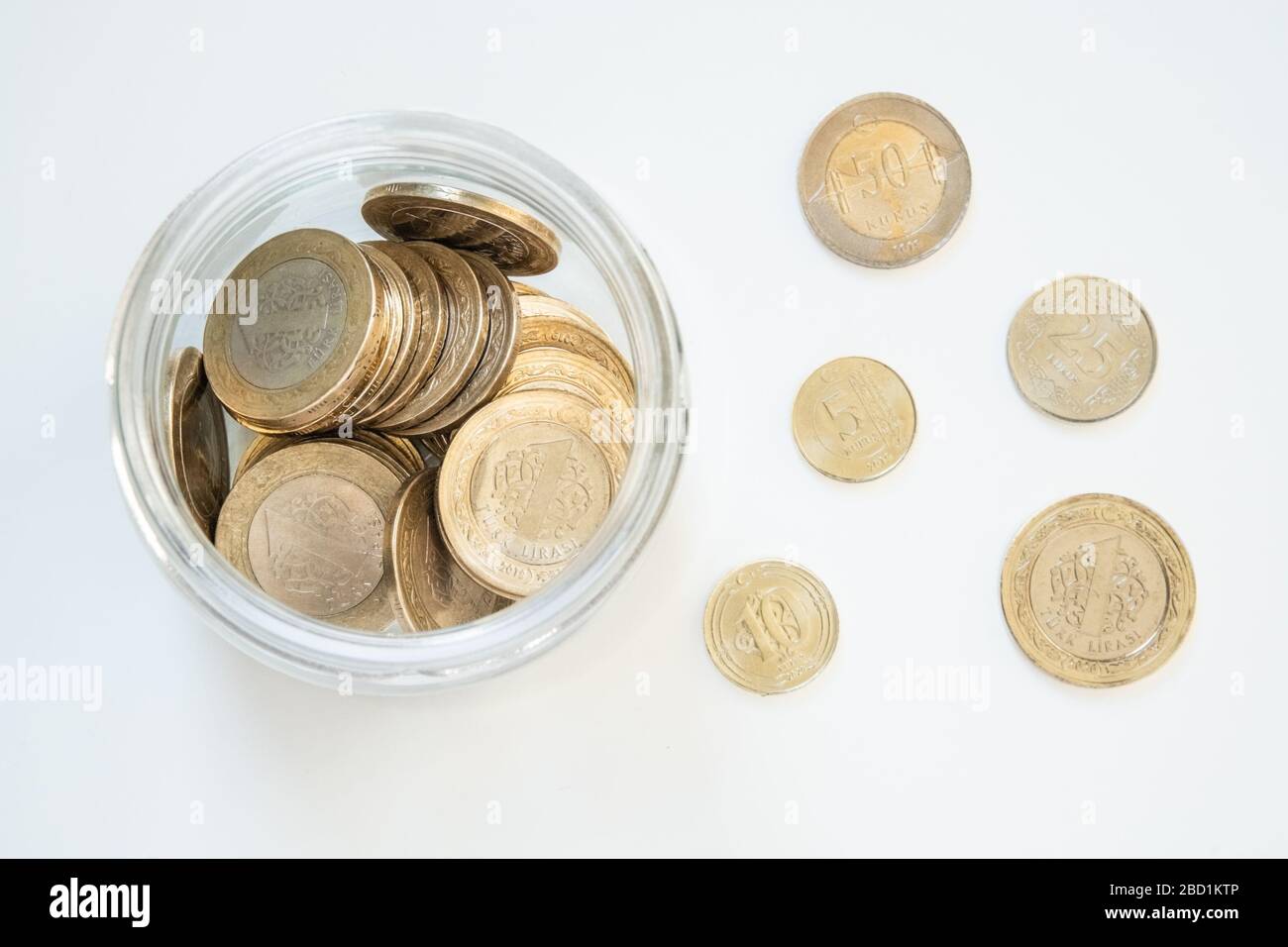 Vue de dessus de 1 pièce de Lira turque (TRY) dans un pot isolé sur fond blanc. Croissance de l'argent et concept d'accumulation de dépôts. Banque D'Images