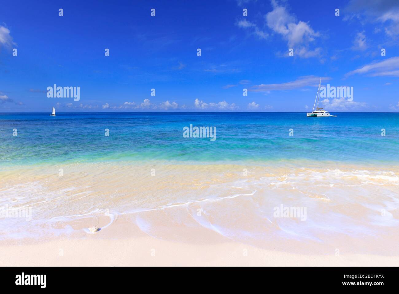 Paynes Bay, petits bateaux sur la plage de sable rose pâle, mer turquoise, belle côte ouest, Barbade, îles Windward, Caraïbes Banque D'Images
