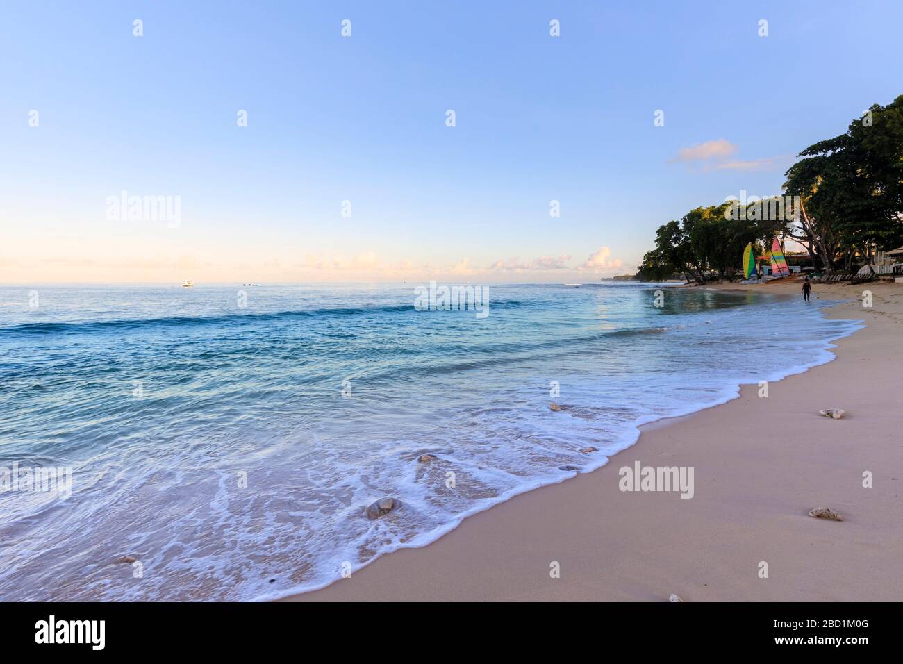 Paynes Bay, à l'aube, mer turquoise, bateaux à voile, plage de sable fin rose, belle côte ouest, Barbade, îles Windward, Caraïbes Banque D'Images