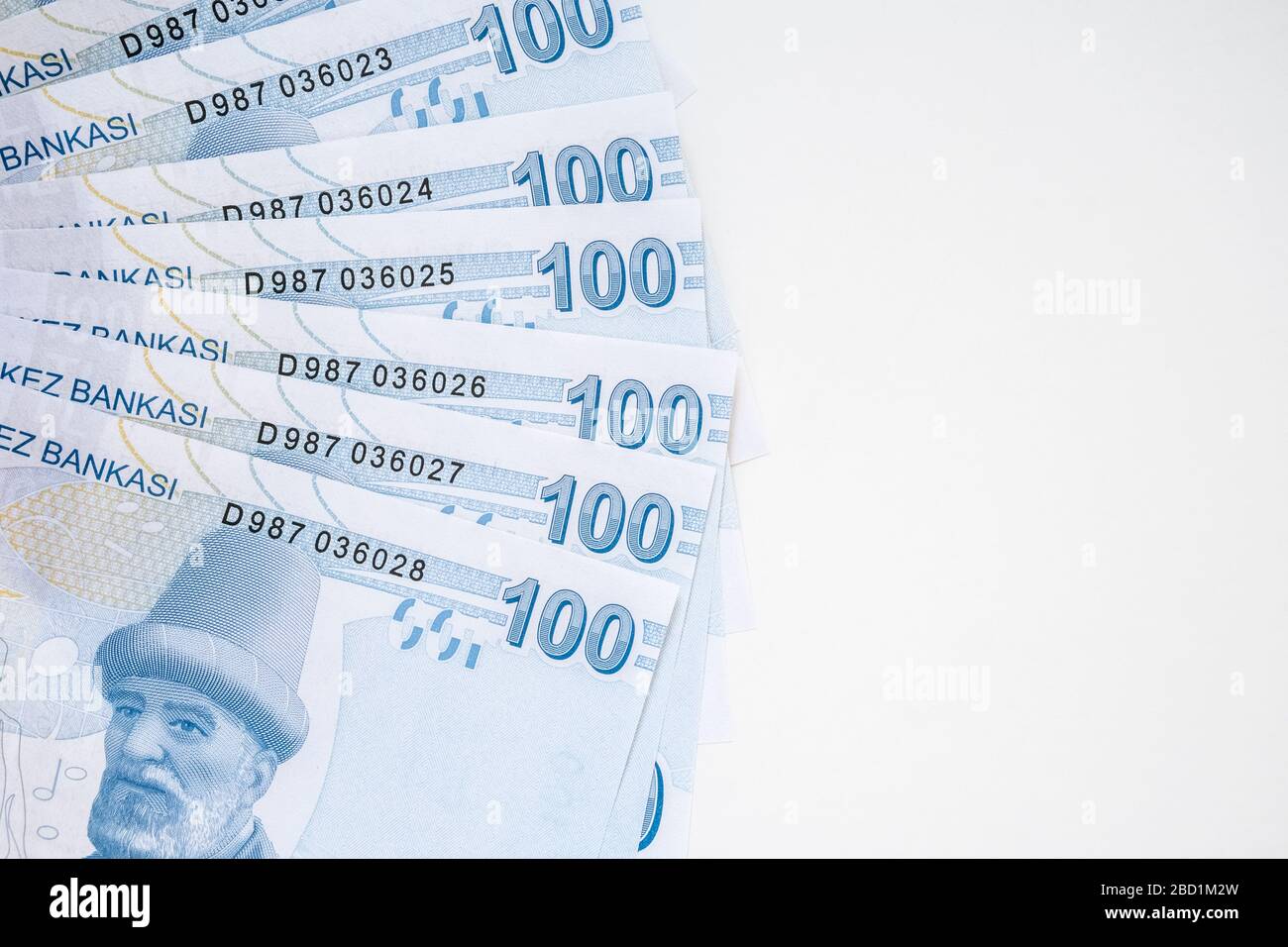 Bande de 100 billets de Lira (TRY) turcs isolés sur fond blanc. Croissance de l'argent et concept d'accumulation de dépôts. Banque D'Images