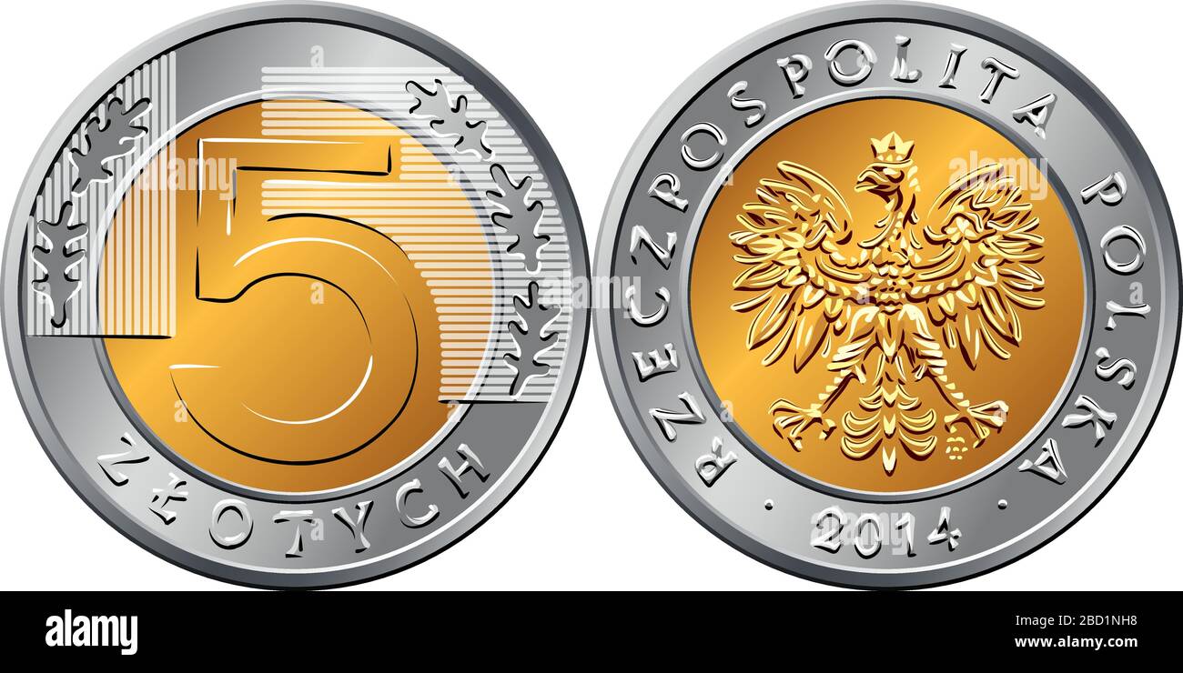 Argent polonais vectoriel cinq zloty or et argent pièce avec aigle en couronne d'or sur obverse, valeur et 5 feuilles dans la partie anneau à l'envers Illustration de Vecteur