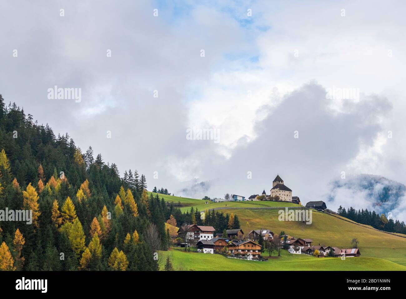 Ciastel de Tor entouré de bois en automne, San Martino à Badia, Val Badia, Dolomites, Tyrol du Sud, Italie, Europe Banque D'Images