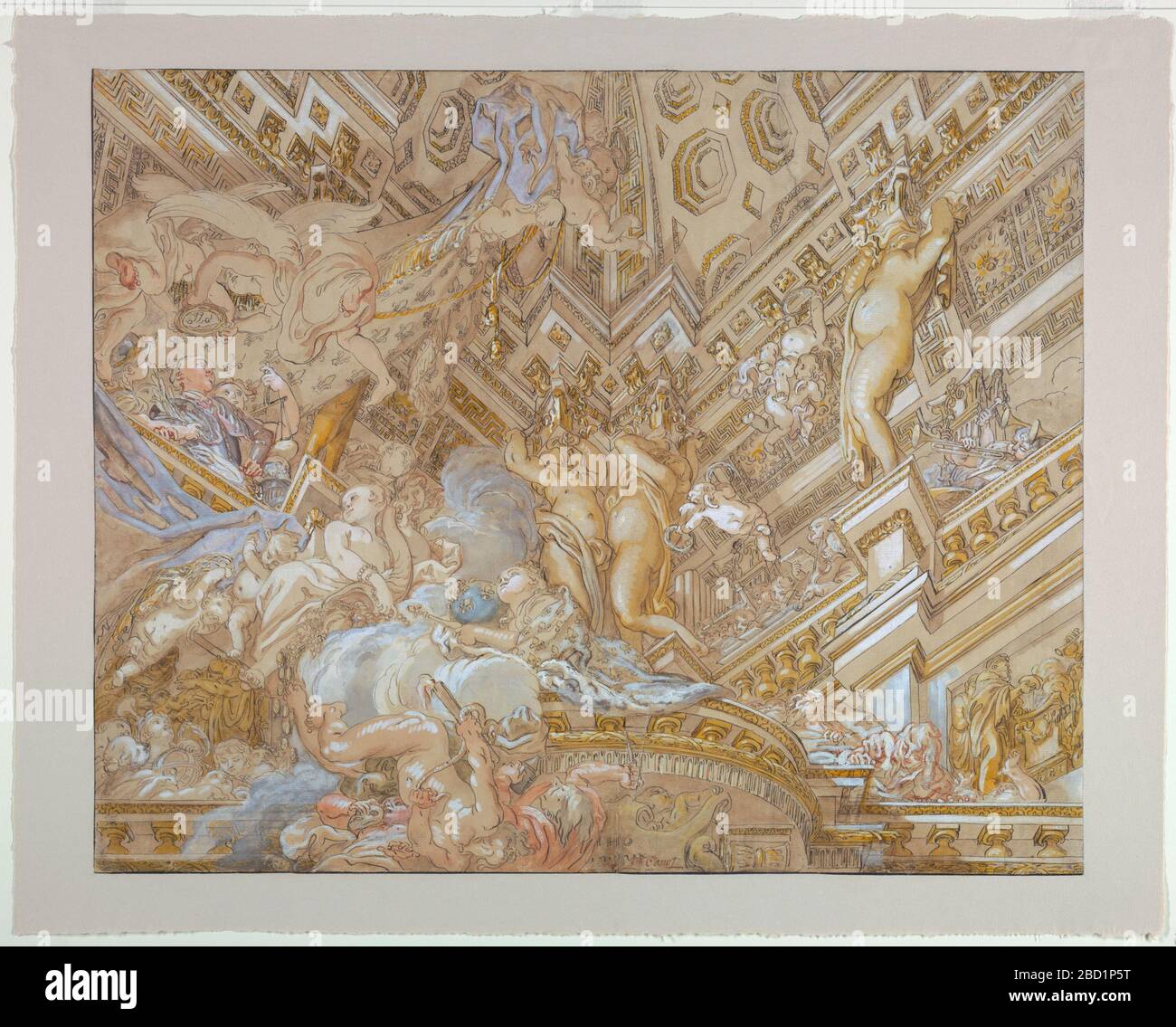 Conception de plafond. Recherche en progression le roi garçon, Louis XV (1710-1774), se tient dans une galerie accompagnée de Justice et Bellona et couronnée de deux génii. L'abondance est présente aussi bien que la France, et les démons semblent fuir la scène. La musique accueille le roi d'une autre galerie. Conception de plafond Banque D'Images