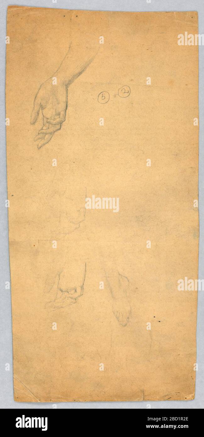 Études de mains et de pieds. Recherche dans ProgressThree études d'une main droite, avec celle dans le coin supérieur droit de la page plus terminée. Étude du pied droit, coin inférieur droit. Études de mains et de pieds Banque D'Images