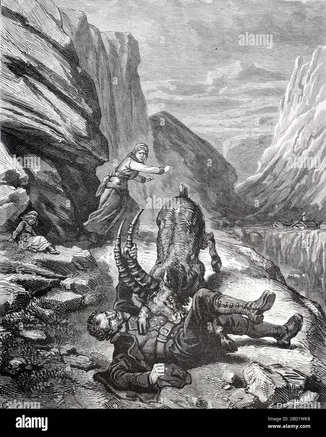 Alpine Ibex attaquant les touristes ou les Walkers dans la vallée des Grisons Alpes suisses Suisse. Vintage ou ancienne illustration ou gravure 1881 Banque D'Images