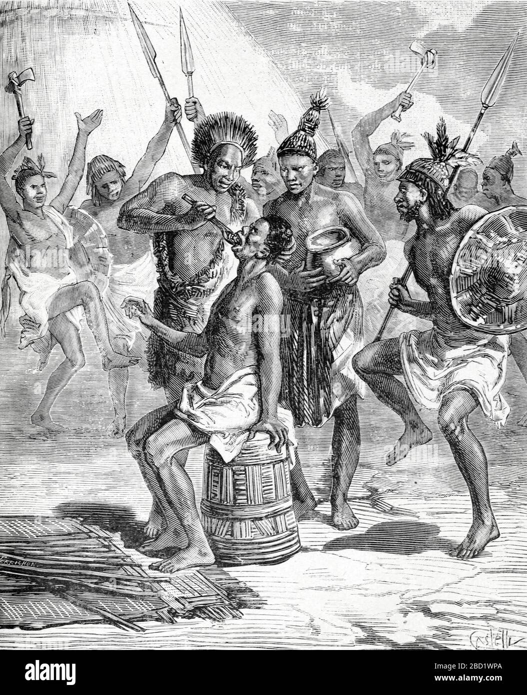 Sorcière Doctor utilise la poudre d'Acacia Bark comme traitement pour Sorcery en Afrique centrale. Vintage ou ancienne illustration ou gravure 1881 Banque D'Images