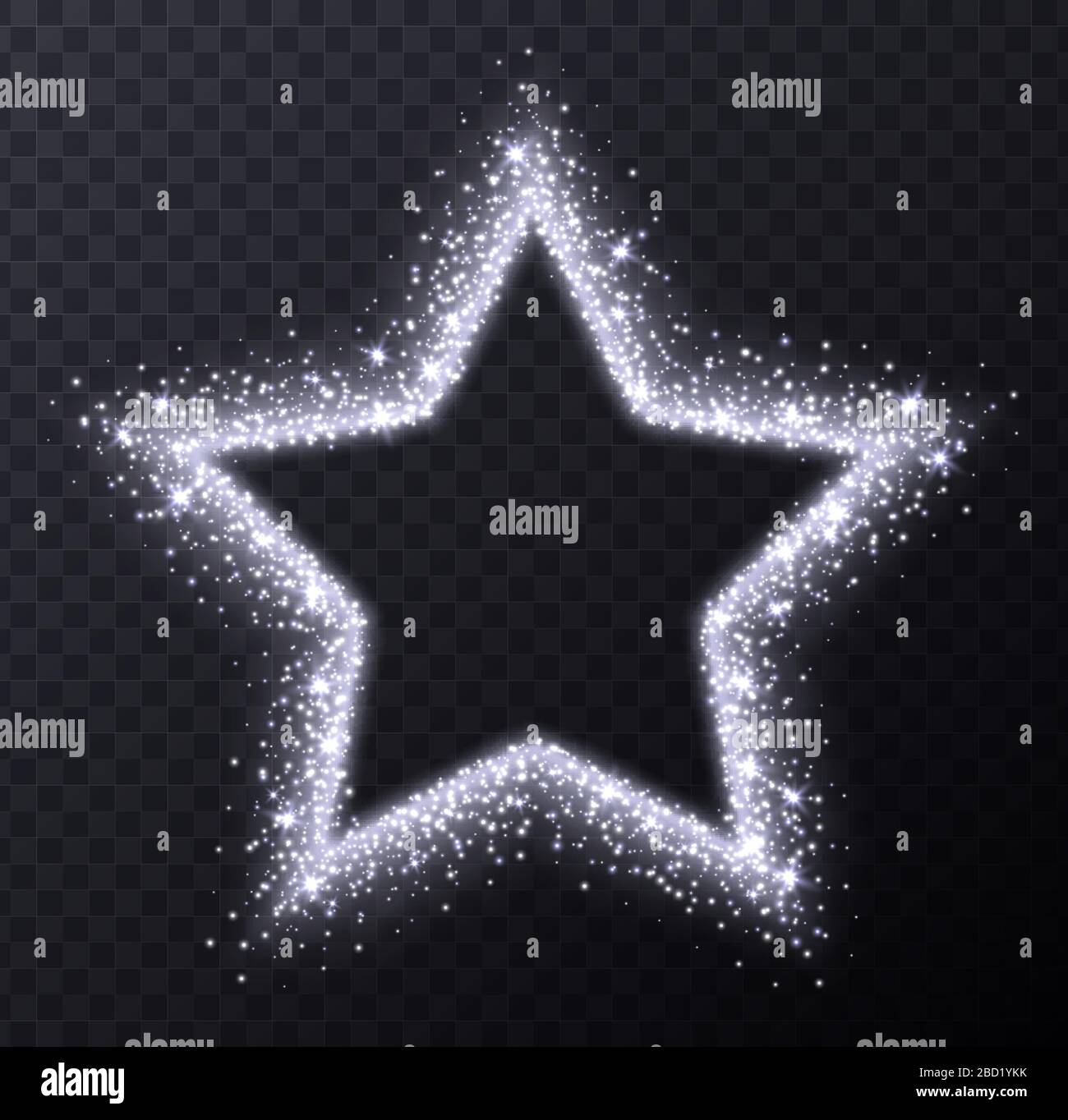 Cadre en étoile argentée avec parures et fusées, particules lumineuses abstraites, effet lumière blanche de la poussière de étoiles de faim Illustration de Vecteur