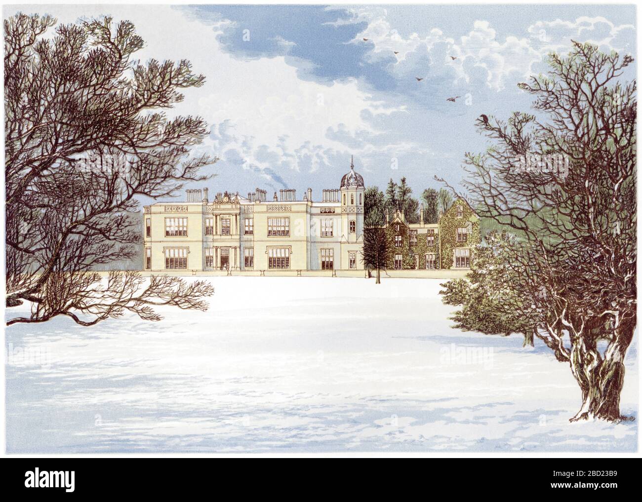 Une illustration colorée d'Eshton Hall près de Skipton, Yorkshire a numérisé à haute résolution à partir d'un livre imprimé en 1870. Considéré comme libre de droits d'auteur. Banque D'Images
