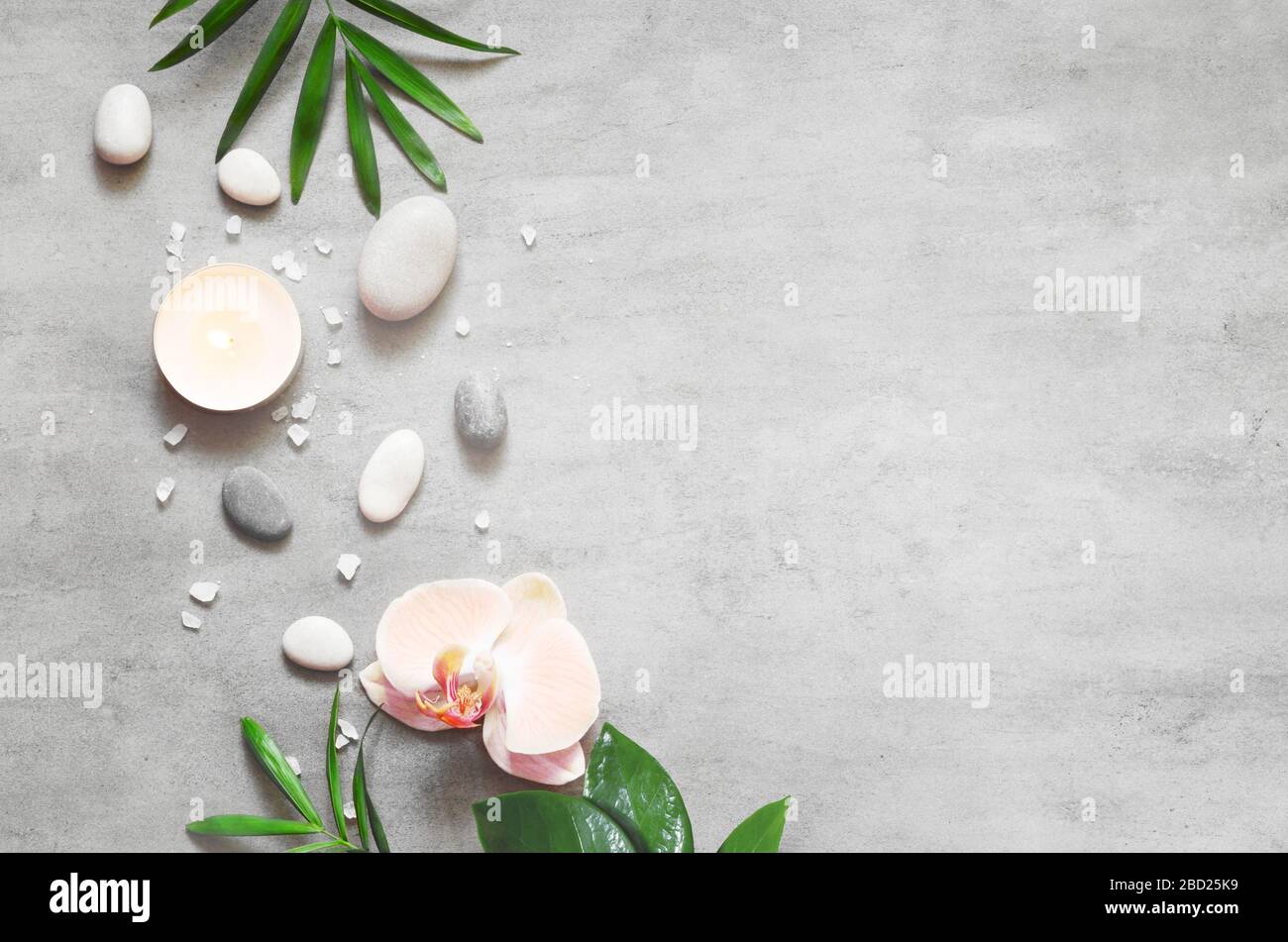 Concept de spa sur fond de pierre, feuilles de palmiers, fleurs, bougie et zen, pierres grises, vue sur le dessus, espace de copie Banque D'Images