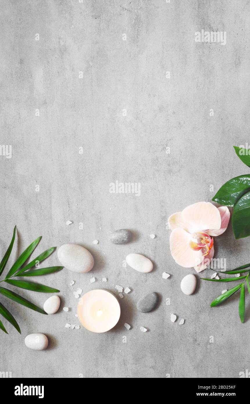 Concept de spa sur fond de pierre, feuilles de palmiers, fleurs, bougie et zen, pierres grises, vue sur le dessus, espace de copie Banque D'Images