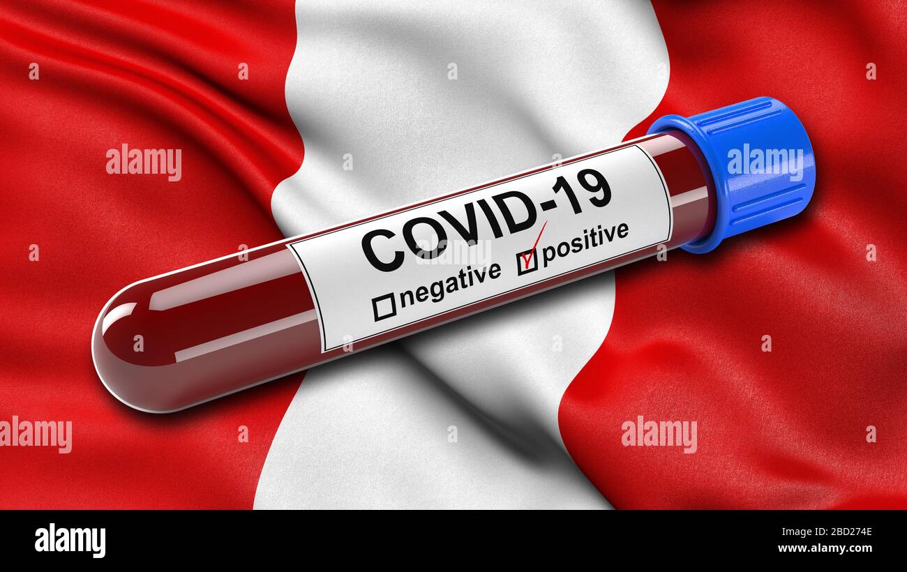 Drapeau du Pérou agitant dans le vent avec un tube de test sanguin positif de Covid-19. Concept d'illustration tridimensionnelle pour les tests sanguins pour le diagnostic du virus Corona. Banque D'Images