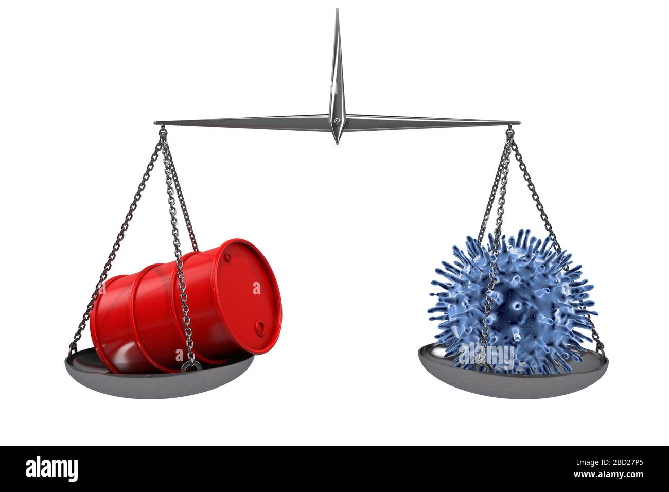 illustration tridimensionnelle : balance vintage avec le baril rouge d'huile d'un côté et cellule virale bleue de l'autre. Pétrole, essence. Achat de vente Banque D'Images