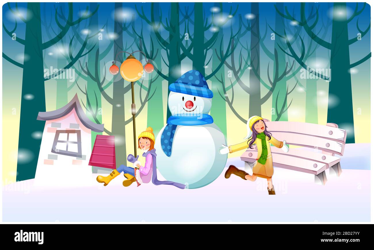 les filles font et jouent avec le bonhomme de neige en hiver Banque D'Images
