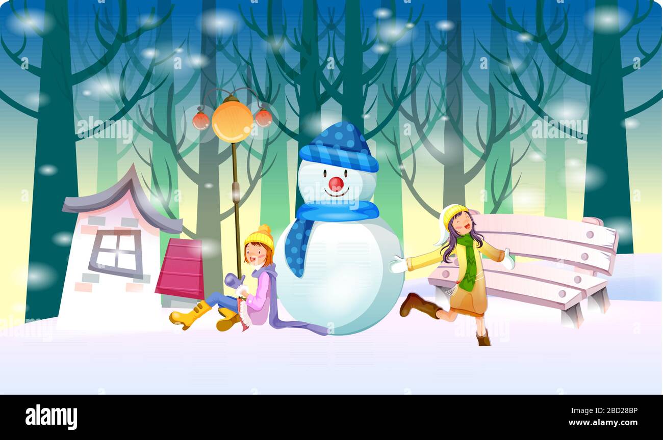 les filles font et jouent avec le bonhomme de neige en hiver Illustration de Vecteur
