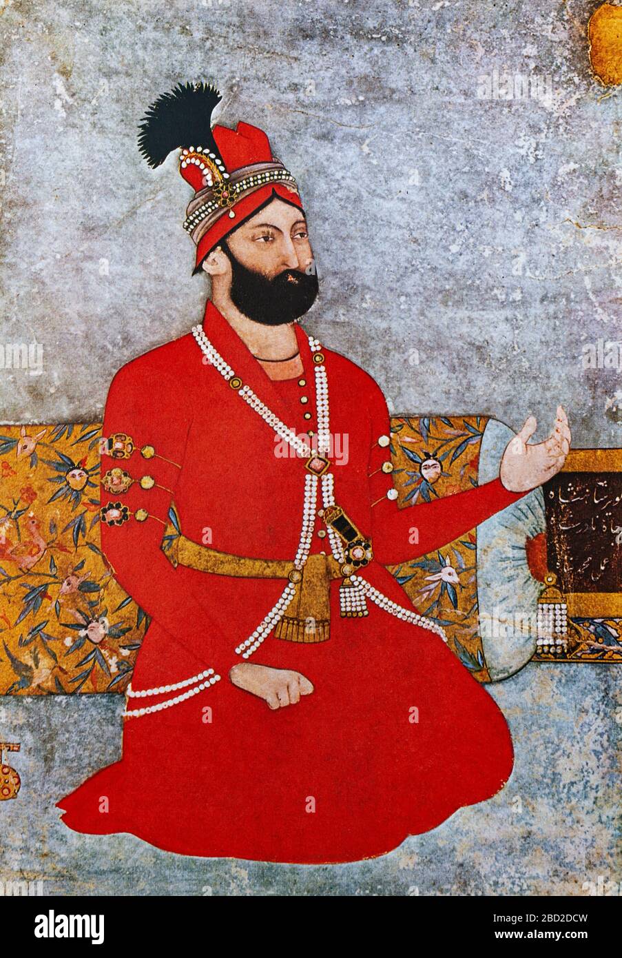 Une minature représentant Nader Shah Afshar (1688-1747), l'un des plus puissants dirigeants iraniens de l'histoire de la nation, dirigeant comme Shah d'Iran (Perse) de 1736 à 1747 lorsqu'il a été assassiné lors d'une rébellion. Ses nombreuses campagnes ont créé un grand empire qui, dans sa plus grande mesure, couvrait brièvement l'Iran, l'Arménie, l'Azerbaïdjan, la Géorgie, le Caucase du Nord, l'Irak, la Turquie, le Turkménistan, l'Afghanistan, l'Ouzbékistan, Bahreïn, le Pakistan, Oman et le golfe Persique. Banque D'Images