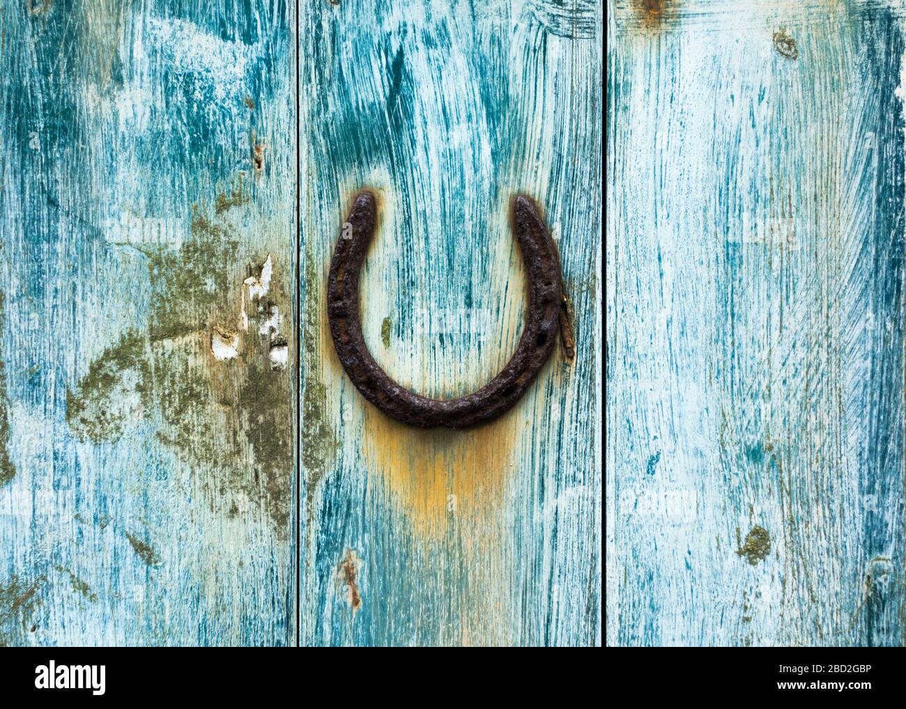 Horseshoe sur une vieille porte en bois dérésonnée Banque D'Images