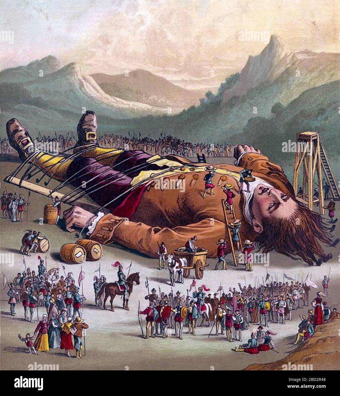 LES VOYAGES DE GULLIVER par Jonathan Swift. Gulliver est lié par les Lilliputiens dans les voyages du Gulliver: Livre d'images coloré pour la pépinière, 1883. Banque D'Images